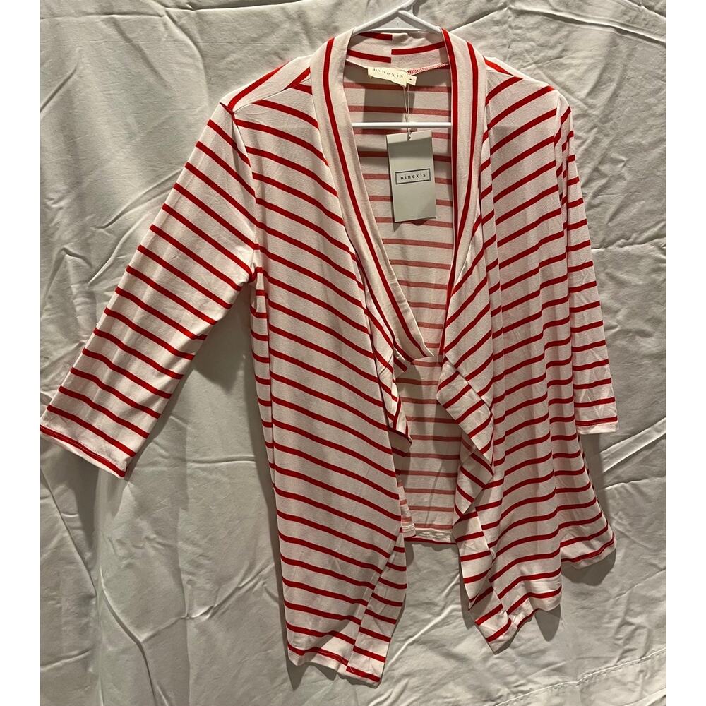 Ninexis Open Front 3/4 Sleeve Cardigan red/white stripe Medium Valentine's Day